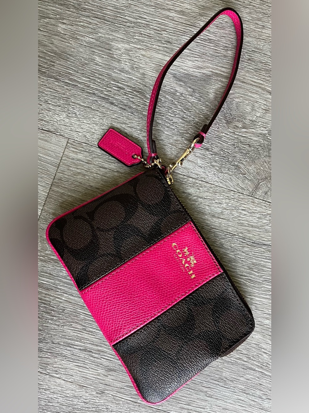 Coach Brown Signature Canvas Wristlet with Bright Pink Leather Accent